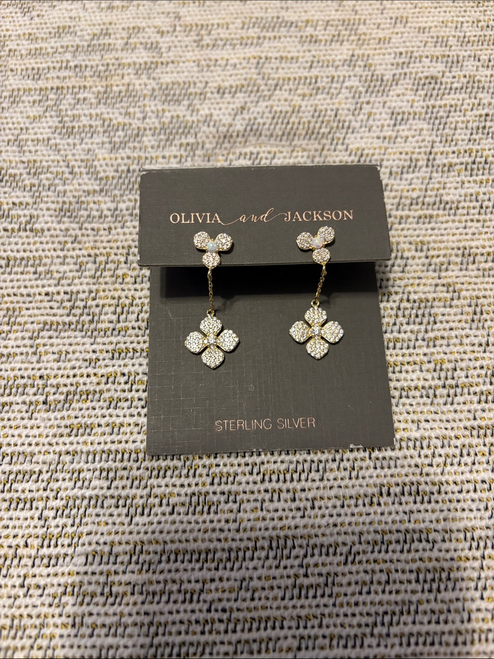Gold Floral Drop Earrings with Clear Stones